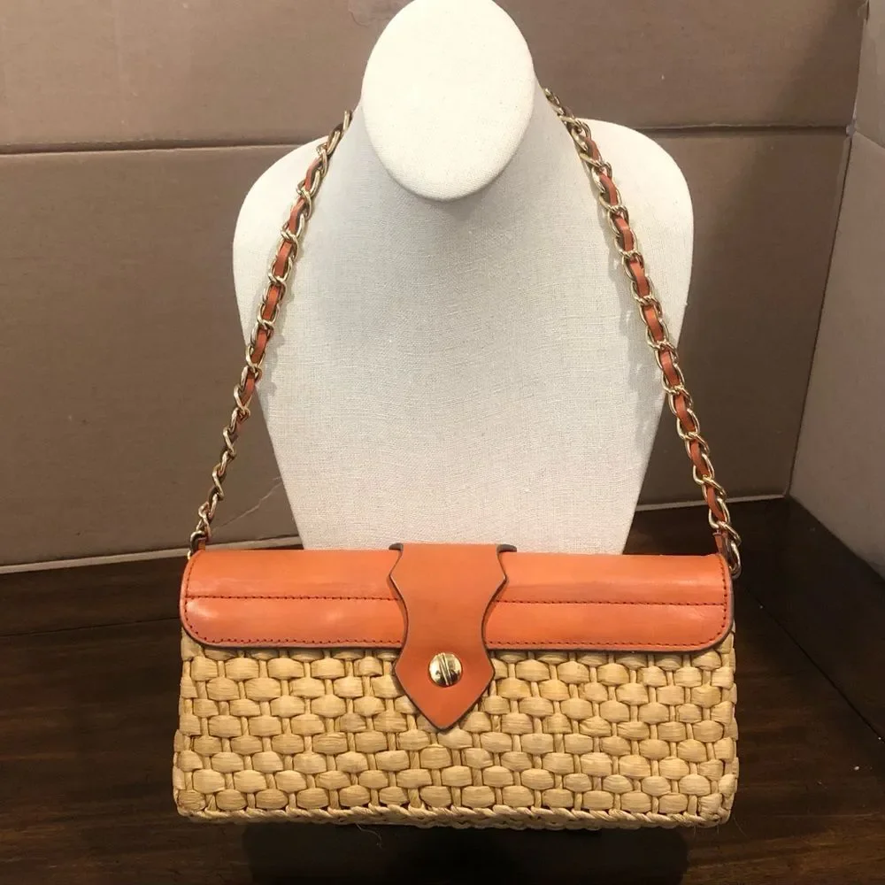 Vintage MICHAEL KORS Rattan Leather Clutch Gold Turn Lock Chain & Leather Strap